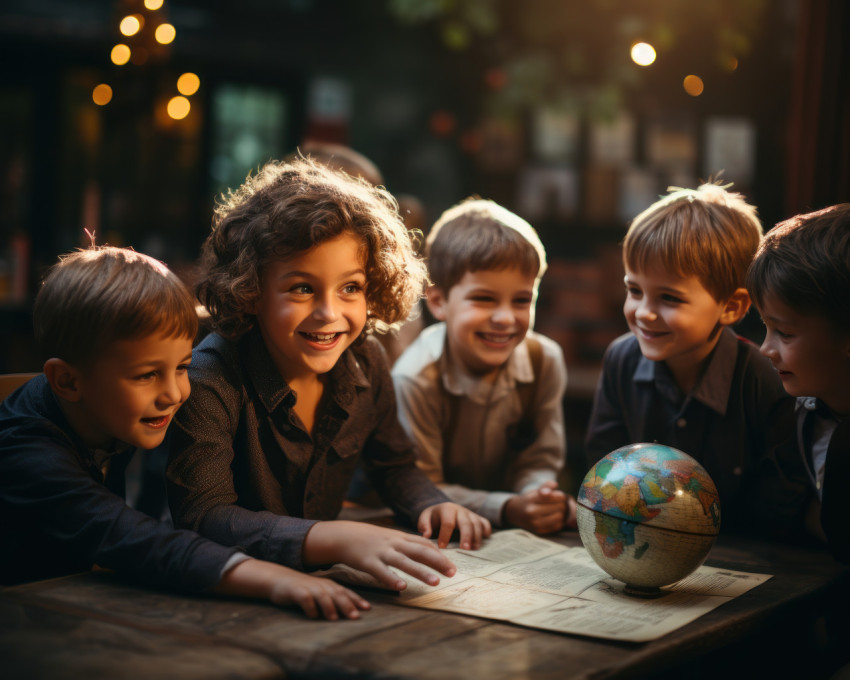 Teacher guides kids in a study session exploring the world together