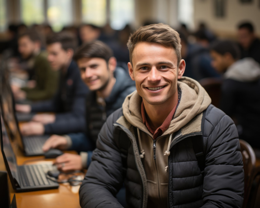 Group of college students and instructor in classroom session