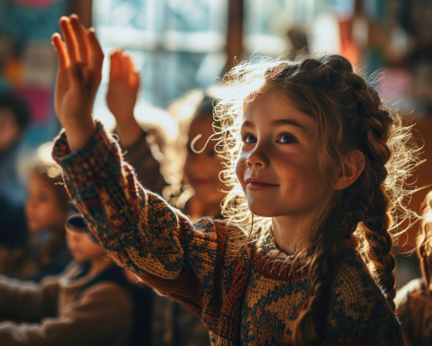 Teacher and children celebrate with raised hands in class