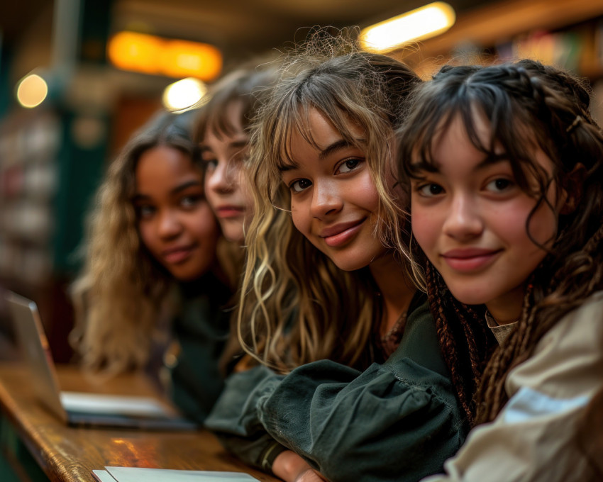 Smiling girls gather around a laptop in the quiet library