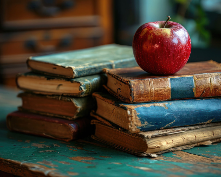 Stacks of books adorned with a red apple on a vibrant green surface