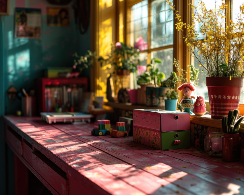 A pink desk adorned with a variety of vibrant toys