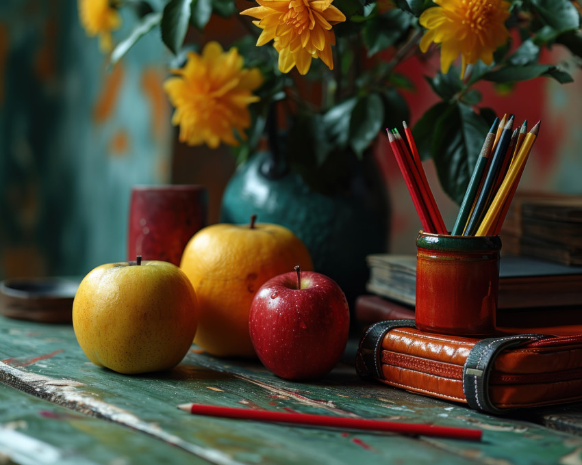 Pencil case apple and furniture in a neat arrangement