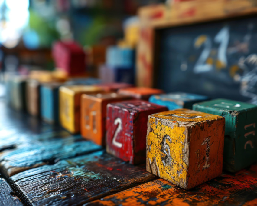 Vibrant wooden blocks and numbers having a fun time by the blackboard