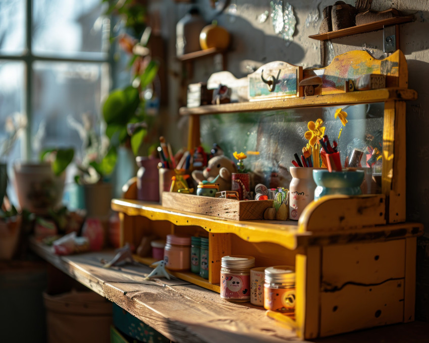 Adorable children wooden toy storage with a big mirror