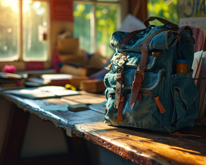 A blue backpack with papers inside in a classroom setting