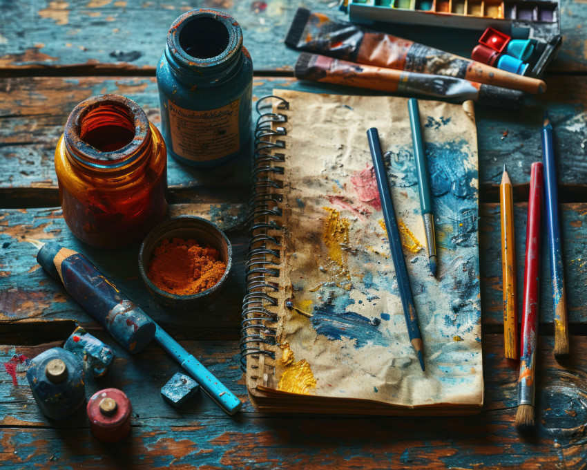 Color pencils and painting supplies on a wooden table