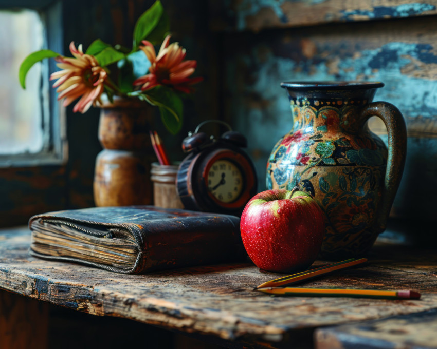 Blackboard pencils pencil case alarm clock and a tasty apple