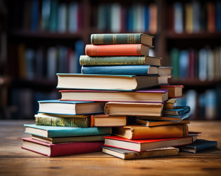 A single book standing tall on a tower of books in the library