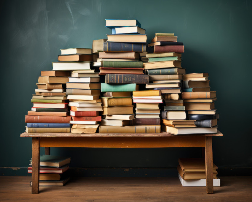 A chalkboard and a pile of books in a classroom setting