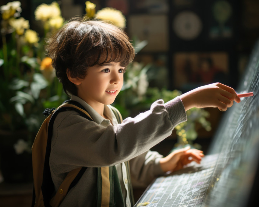 Joyful kid writing on a chalkboard with a smile on his face