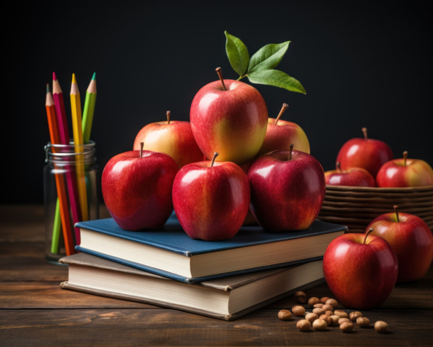 A white book featuring a vibrant red apple and pencils placed in front of a blackboard