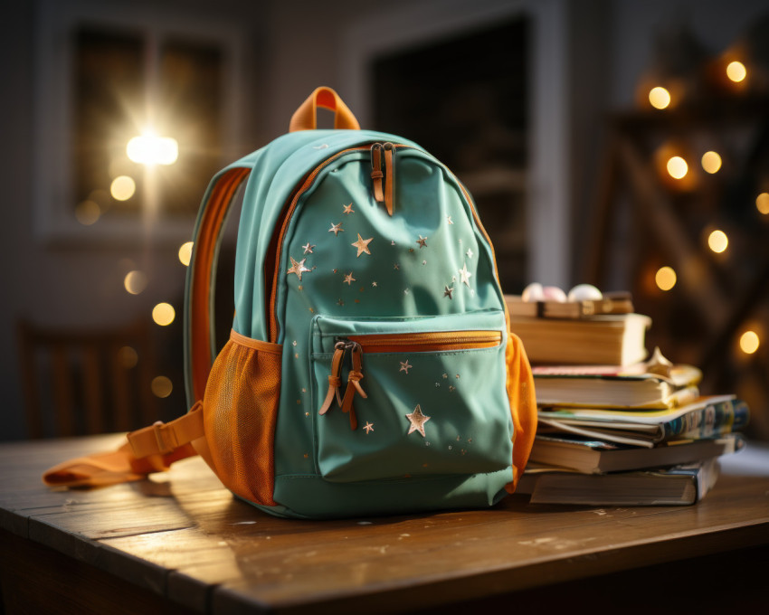 A backpack placed on a wooden table in a classroom illuminated by stars and lights