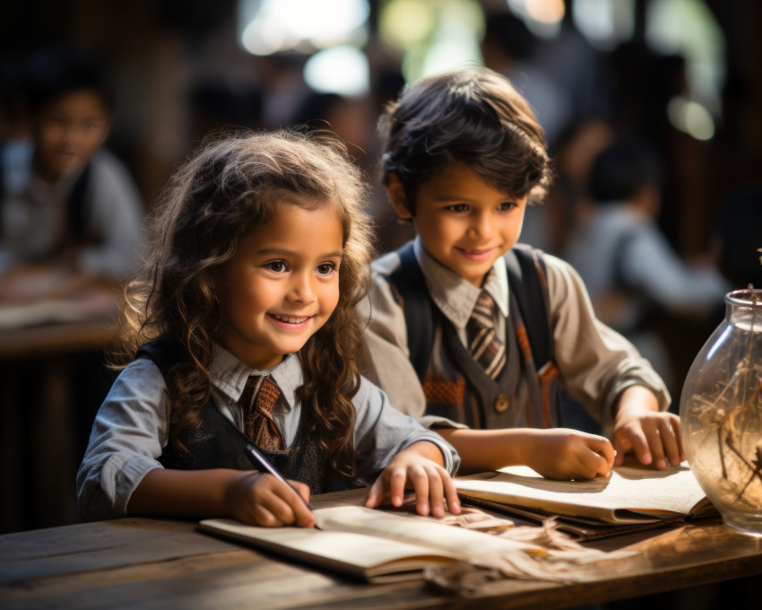 Joyful children experimenting with writing using notebooks