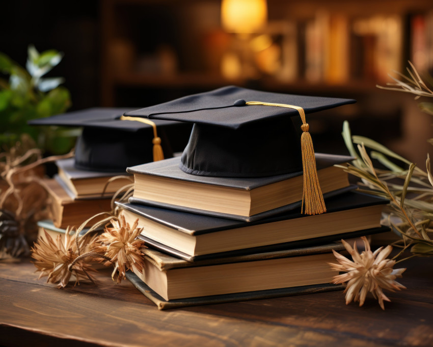 A graduation cap crowning a stack of books