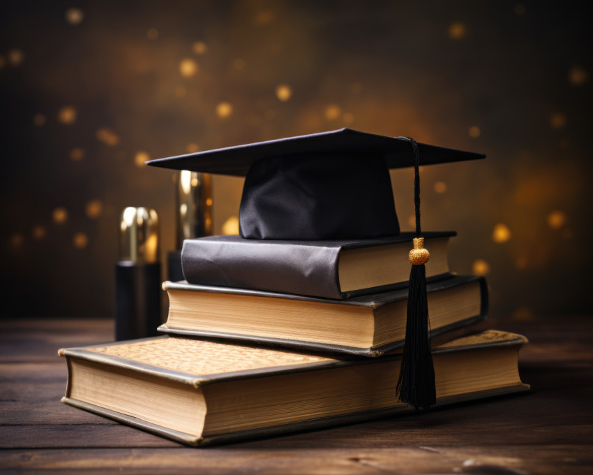 Graduation cap resting on a stack of books