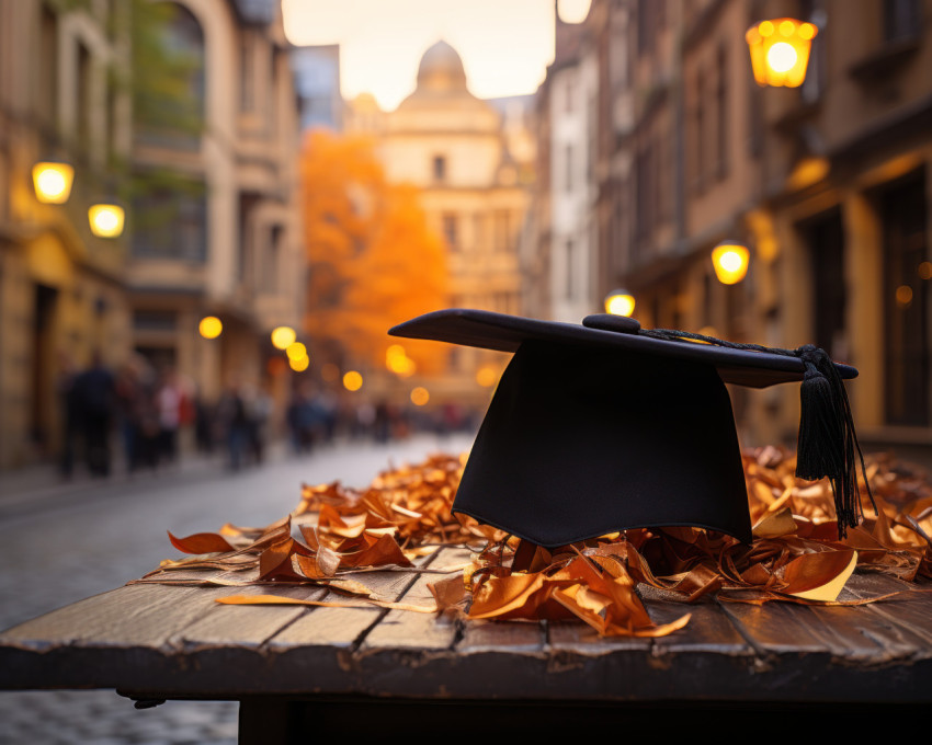 A graduation cap left on a table in the middle of an empty city street