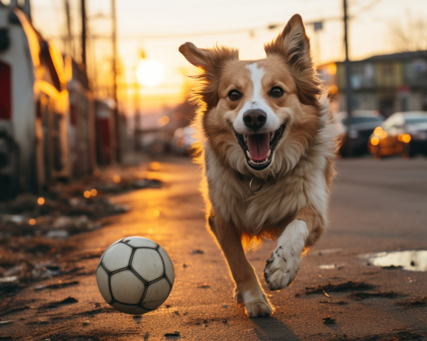 Dog joyfully runs with a soccer ball at sunset