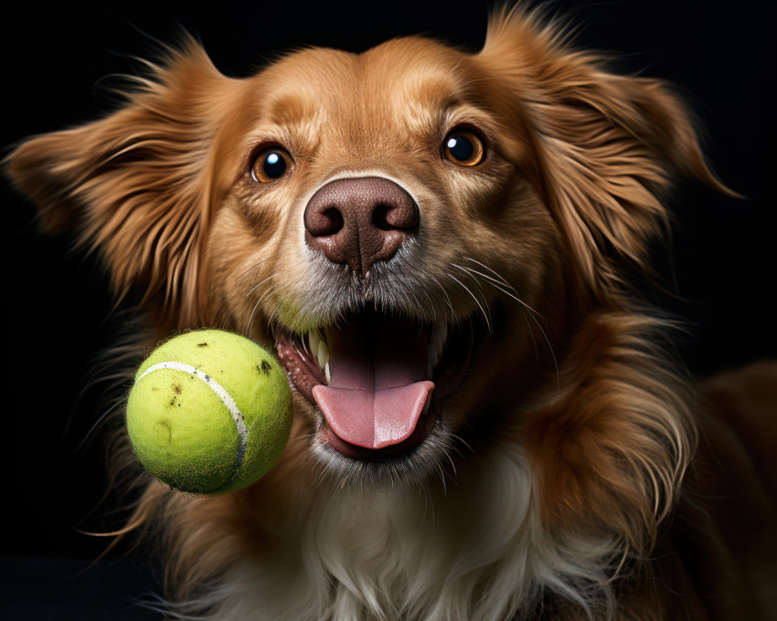 Dog happily holding tennis ball in mouth