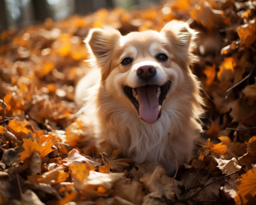 Dog happily playing in leaf piles mouth wide open