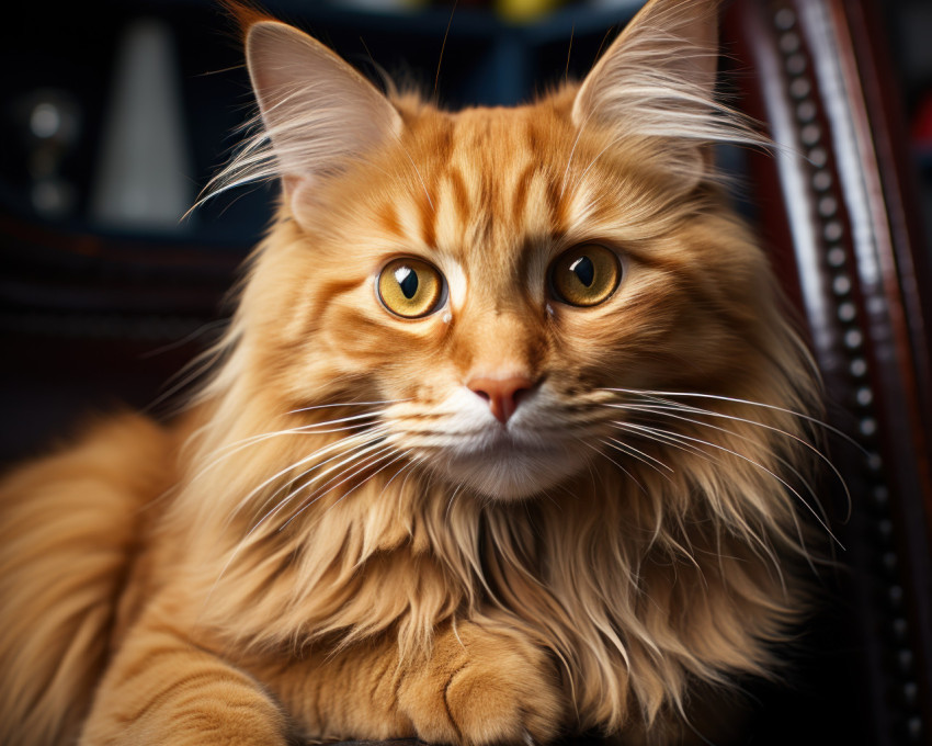 Cute cat sits on a chair gazes at the camera with curiosity in a cozy indoor setting