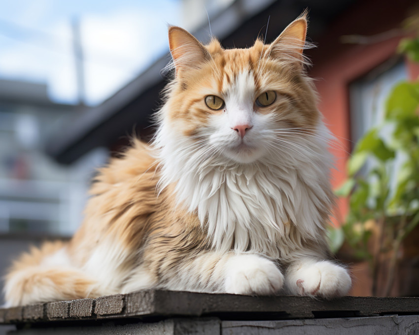 Cat sitting by wall observing surroundings in a calm and curious manner