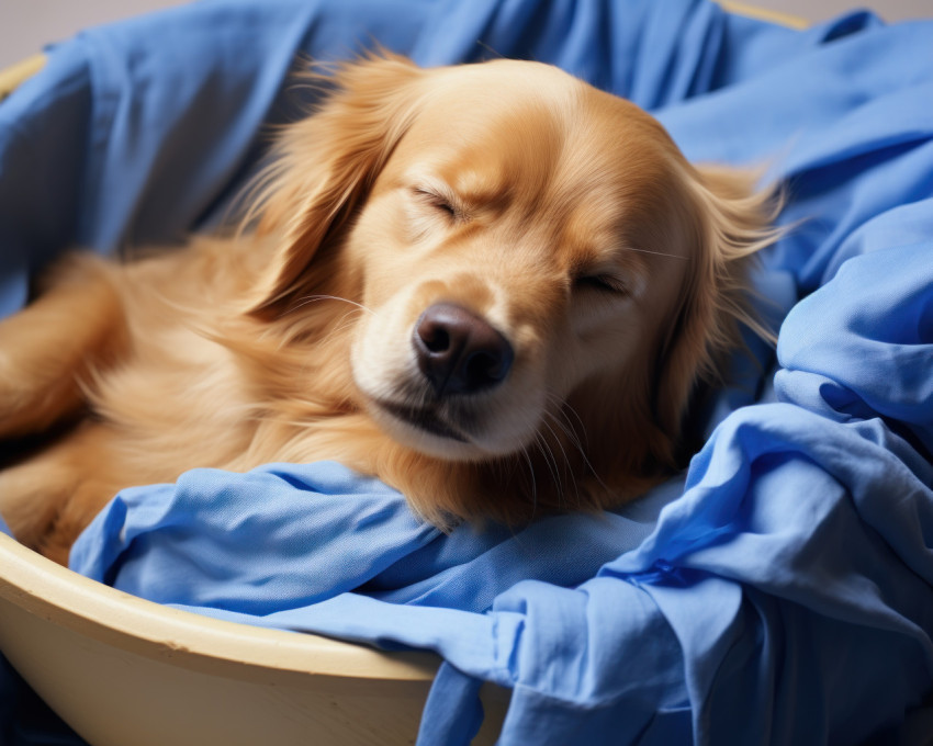 Cute dog peacefully sleeping in a cozy jute bowl