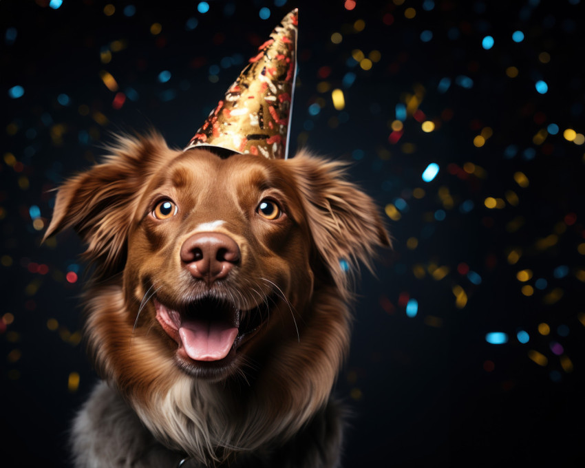 Happy brown coat dog celebrating with a cute party hat on