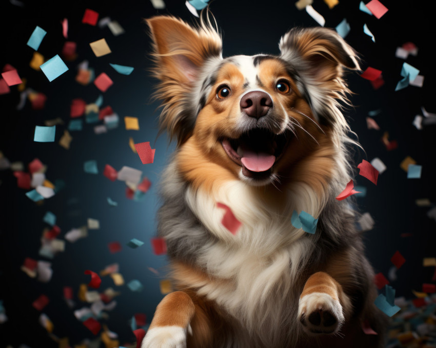 Happy dog jumping and dancing on birthday confetti celebrating joyously