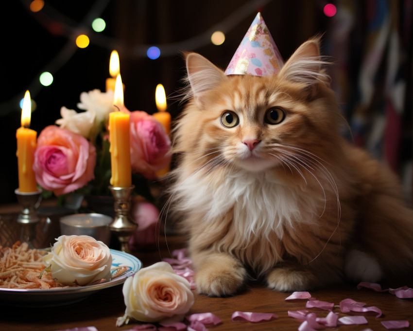 Cute kitten wearing a party hat on a plate