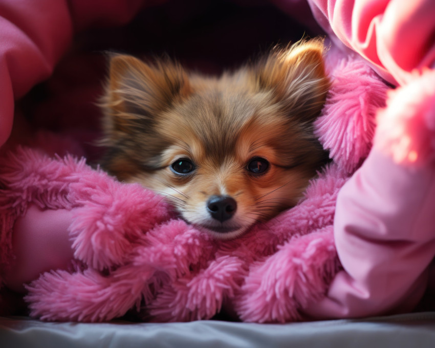 Cute small dog peacefully sleeping on a pink and blue pet bed