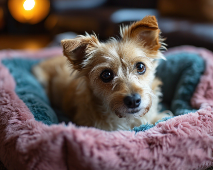 Cute small dog rests happily in a pink and blue bed