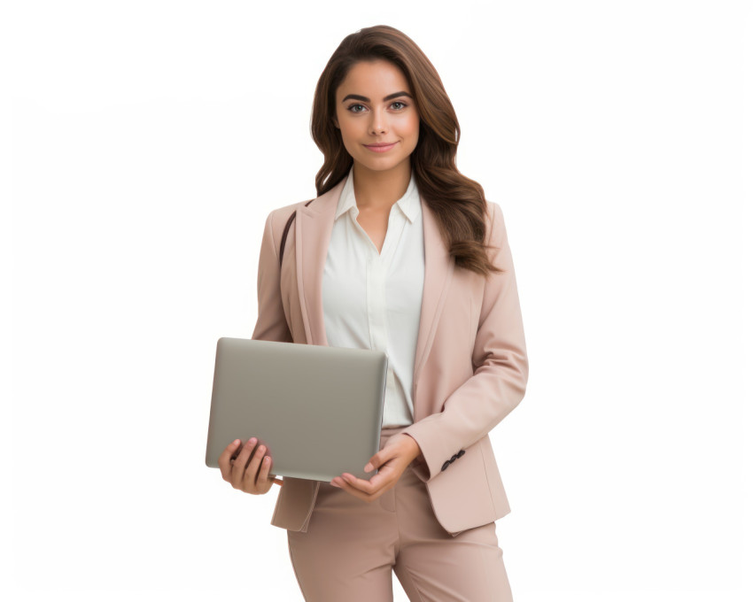 A businesswoman with laptop isolated on white background