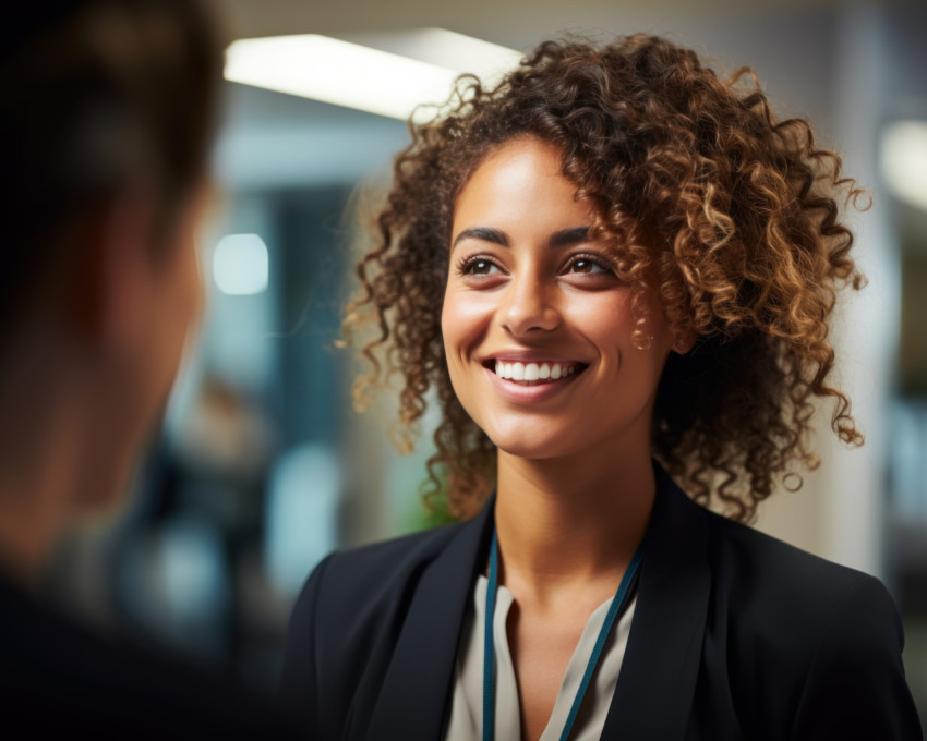 A young businesswoman chatting to colleague in office discussing work with a smile