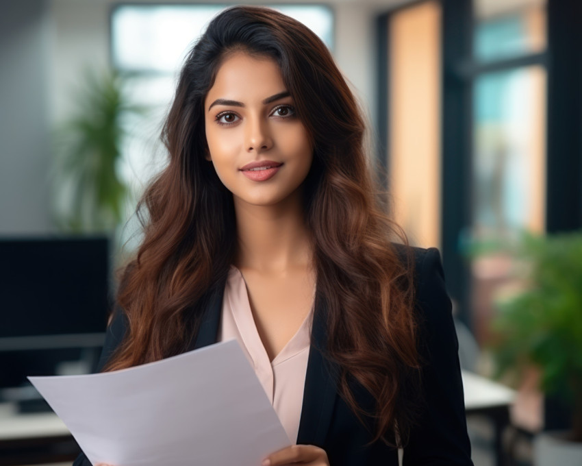 Confident successful indian female manager holding resume in hands while having an interview in a modern office