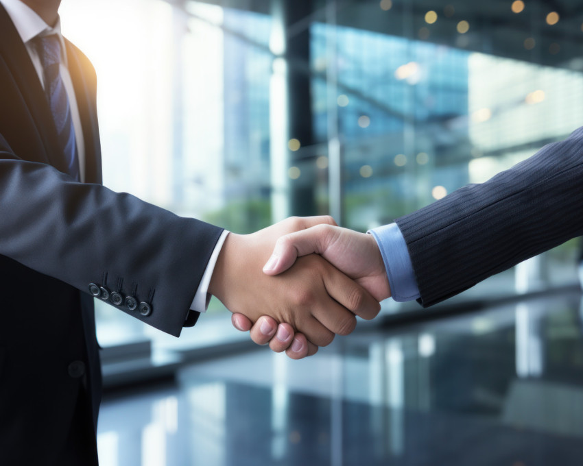 Two businessmen shaking hands in a modern office