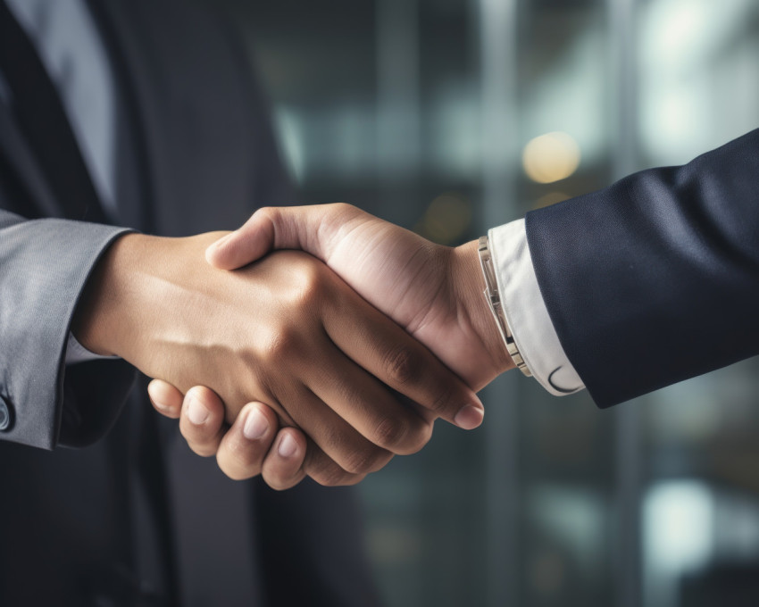 Two businesspeople shaking hands sealing a successful deal in an office meeting