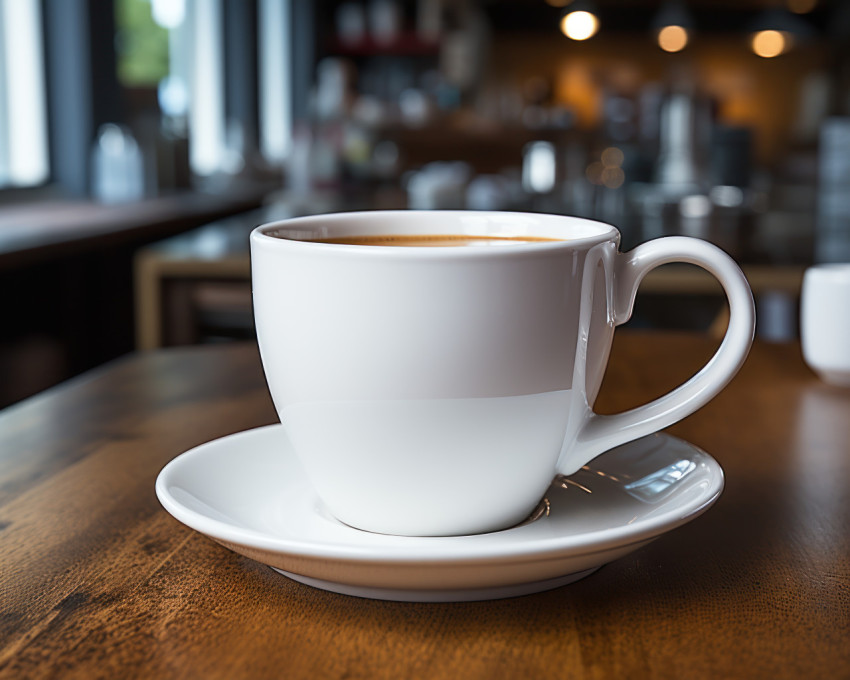 A white coffee cup on a wooden surface