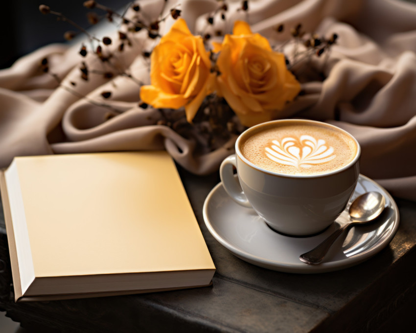 White notebook next to the coffee cup on the table