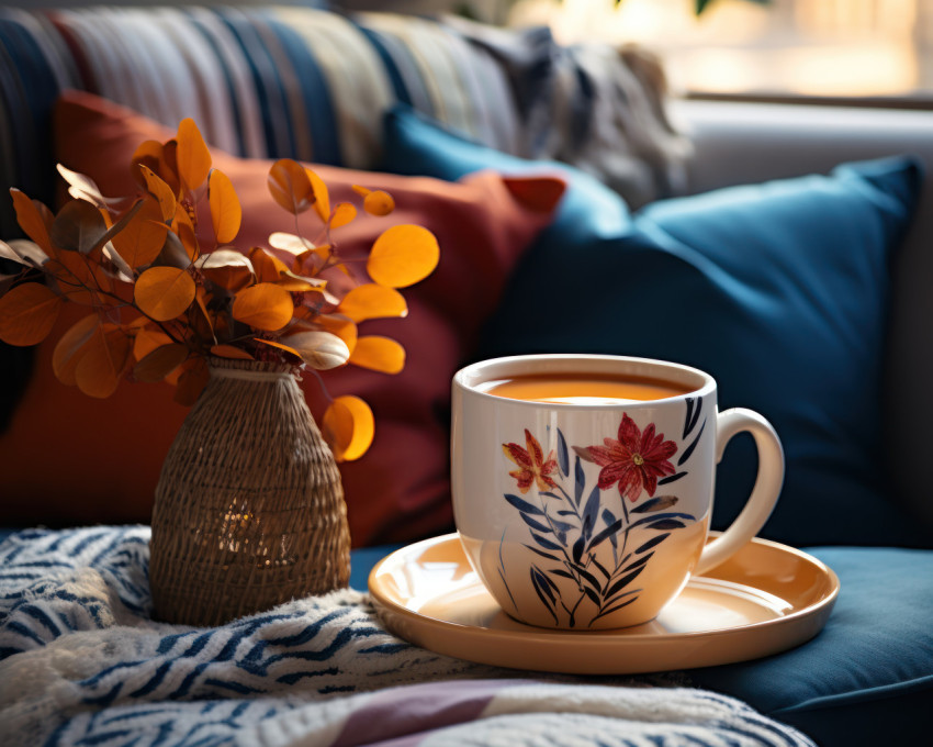 An orange coffee mug on wooden table in front of sofa in living room