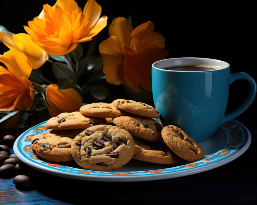 Plate with cookies beside a cup of coffee