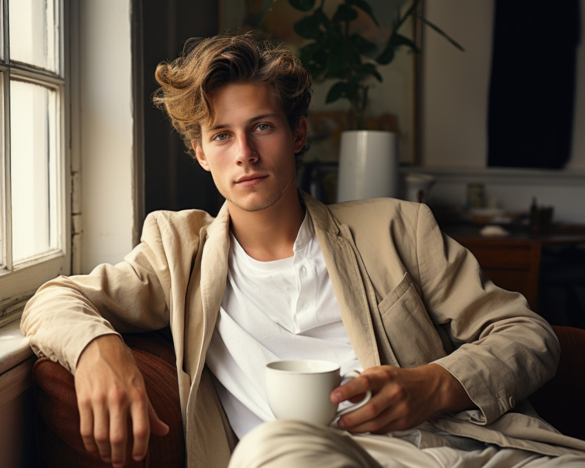 A young man relaxing on a couch at home with a cup of coffee