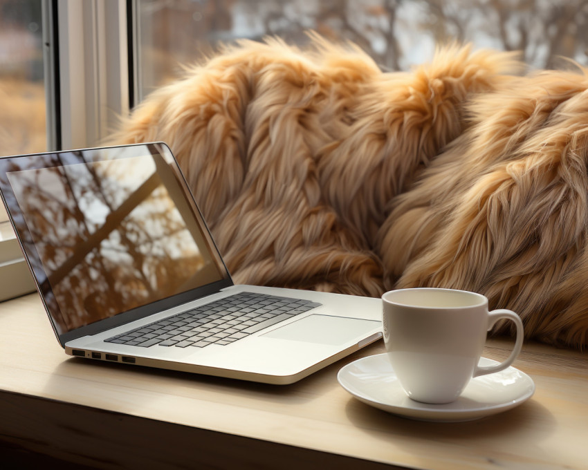 Laptop and coffee cup on bed