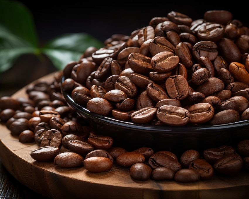 Detailed close up of coffee beans displayed on a wooden surface