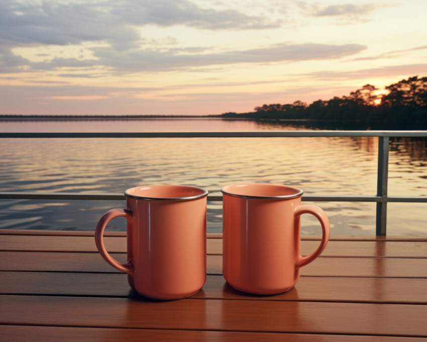 Coffee mugs on wood deck beside scenic lake