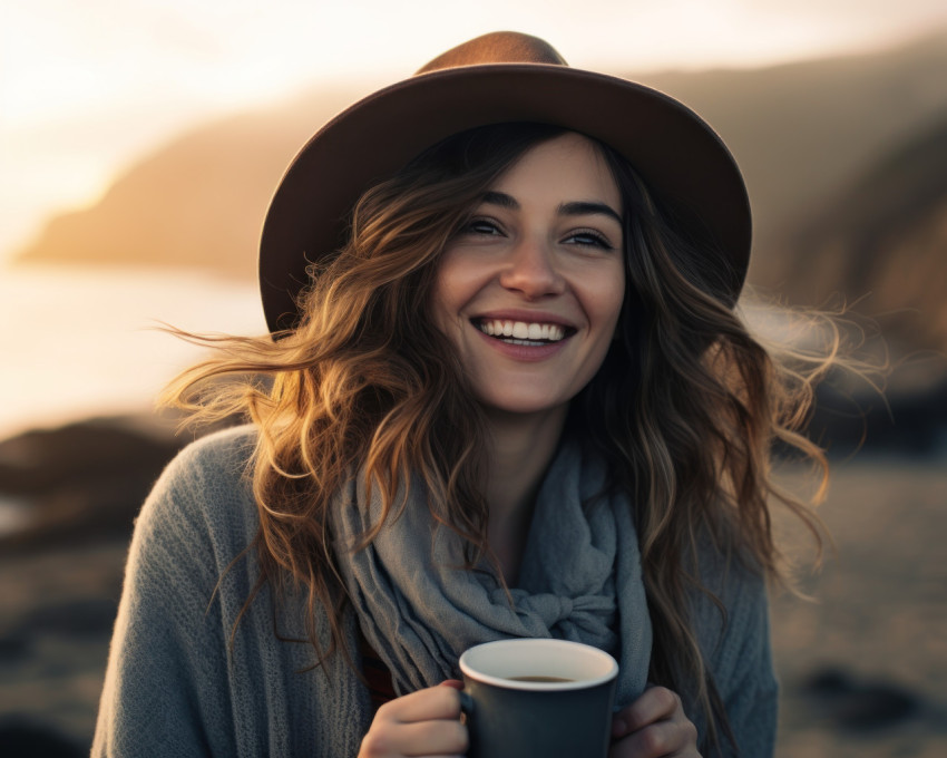 A young girl enjoys coffee on the beach at sunrise