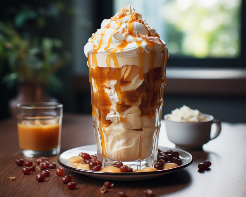 Iced coffee topped with caramel on a table