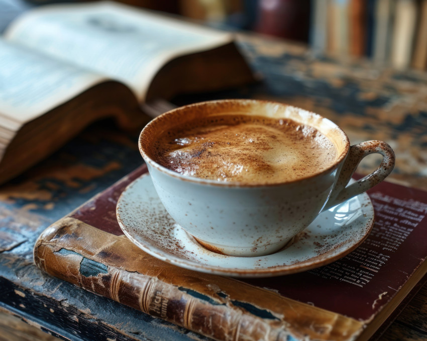 A warm cup of coffee near an open book