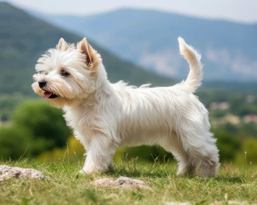 Cute dog on green grass against majestic mountain view