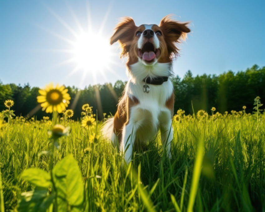 A dog on a green background field